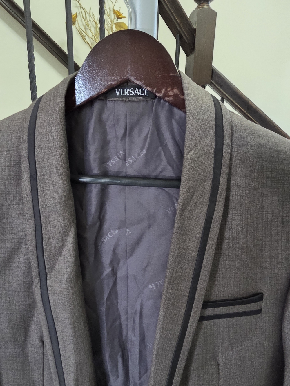 Versace Men's Taupe Blazer with Black Trim Size 38US/48EU
